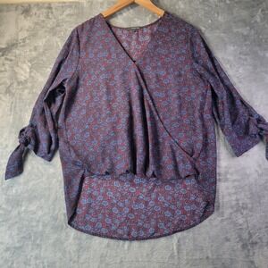 West Kei Womens S Blue Wine Floral Faux Wrap Tie Sleeve High Low Blouse